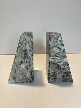 Art Deco Black Grey Marble Etched Bookends Solid Heavy Snake Masks Unique